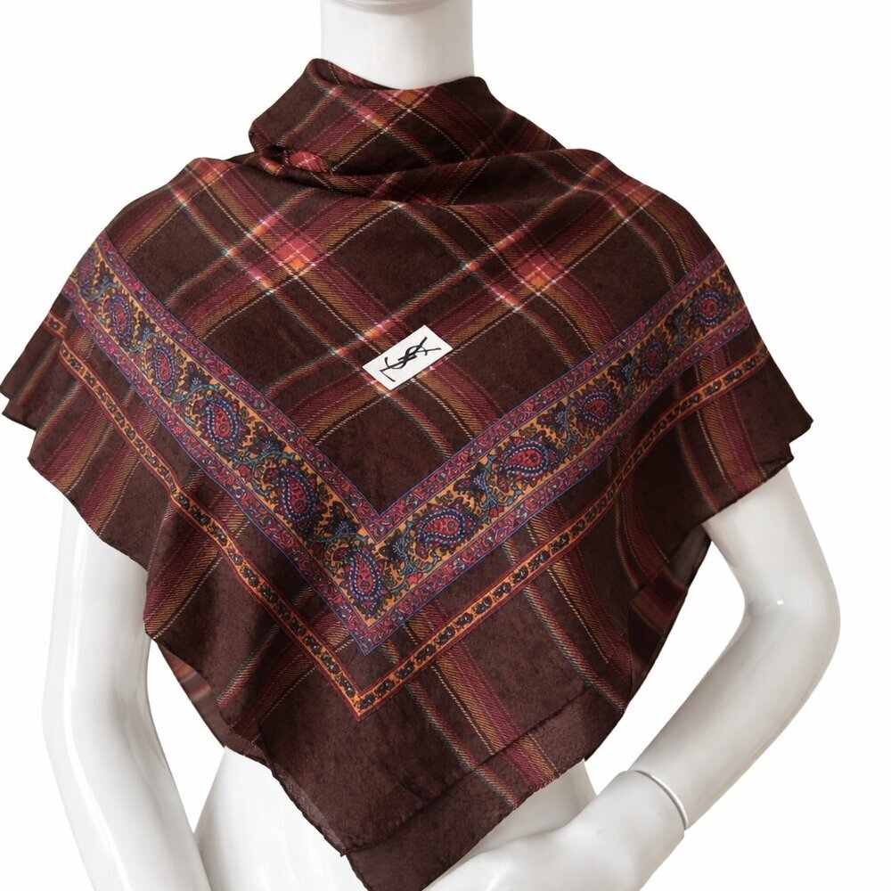 Vintage Yves Saint Laurent Silk Scarf | Brown Plaid Paisley Carré (87x87cm)